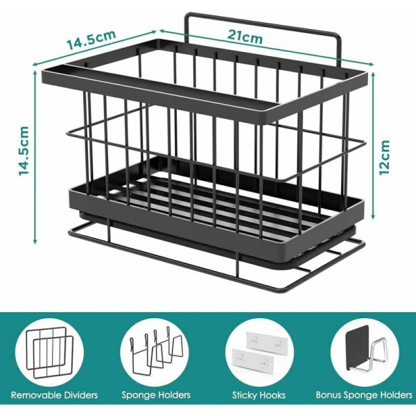 Kjøkkenvaskarrangør, veggmontert oppbevaring for svamp, børste, oppvaskmiddel, svart rustfritt stål veggmontert svampestativ-20X16X1