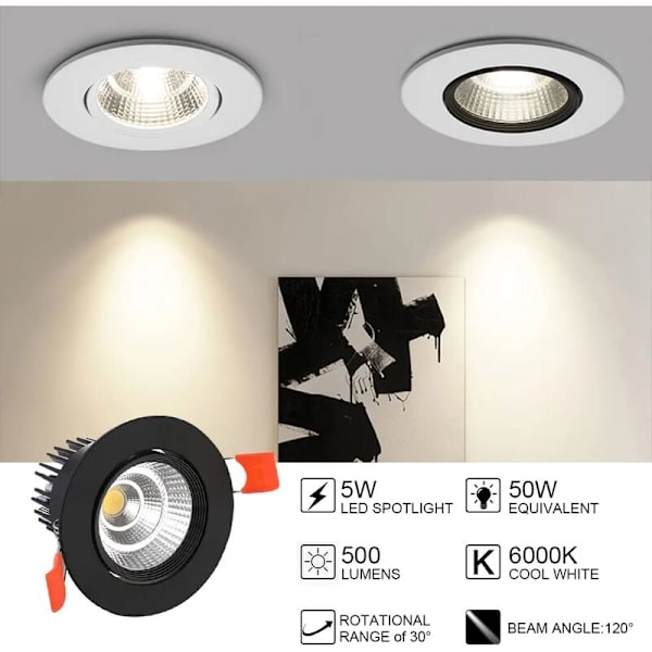 6 x LED Downlights, 5W COB Indbygget Loftlampe, Koldt Hvidt 6000K, 500LM, AC 220-240V, Ra≥90, Udskæring 60-80mm, Strålevinkel 24°, IP44, Til Badeværelse