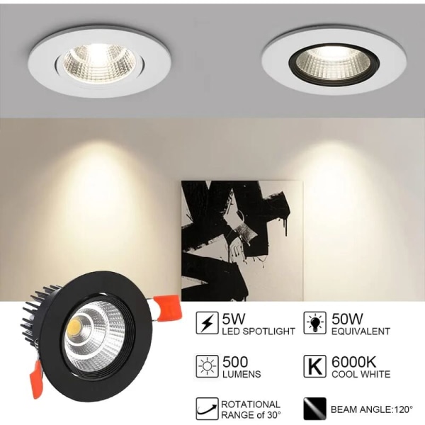 6 x LED-downlights, 5W COB infälld taklampa, kall vit 6000K, 500LM, AC 220-240V, Ra≥90, utskärning 60-80mm, strålvinkel 24°, IP44, för badrum