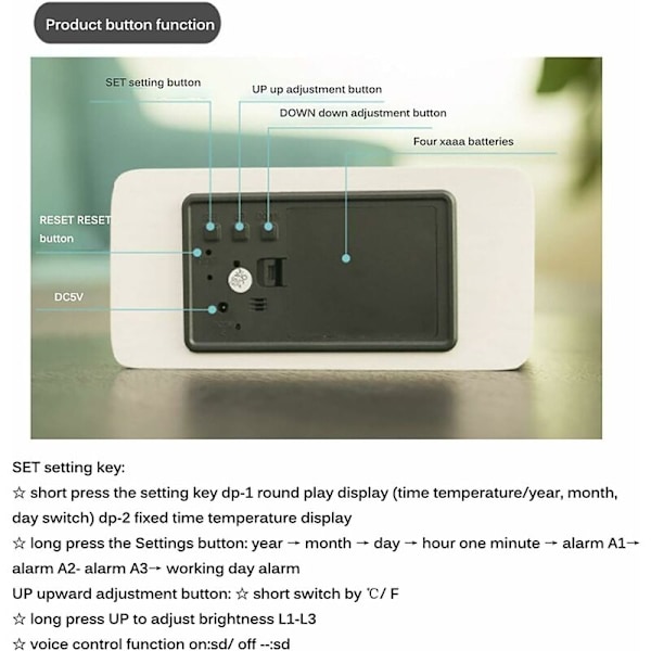 Vækkeur, Træ Digital Desktop Stemmestyret Ur, med Trådløs Opladning, 3 Niveauer Lysstyrke Tid/Dato/Fugtighed/Temperatur Display 3