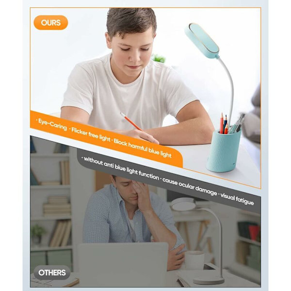 Børne skrivebordslampe, dæmpbar LED-skrivebordslampe med 3 lysstyrkeniveauer, genopladelig dyreskrivebordslampe trådløs, penneholder og stativ - Blå-F