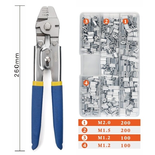 Wire Rope Crimping Tool up to 2.2mm with 600 Aluminum Double Barrel Crimp Sleeves in 3 Sizes