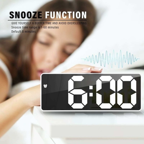 Spegelväckarklocka, digital väckarklocka med LED-display av datum/temperatur/snooze/2 larm/USB-laddningsport, för rese-sovrumskontor
