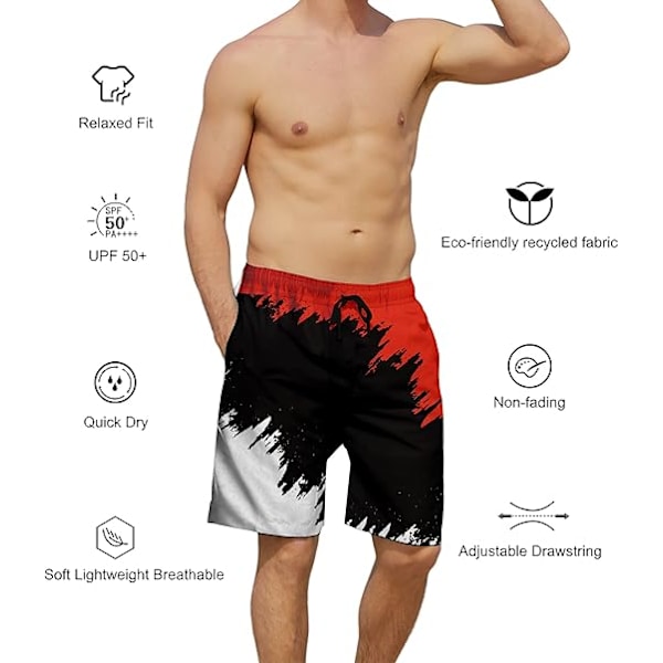 Svalkande snabbtorkande badshorts för män med sidofickor och meshfoder - L - Svart och röd