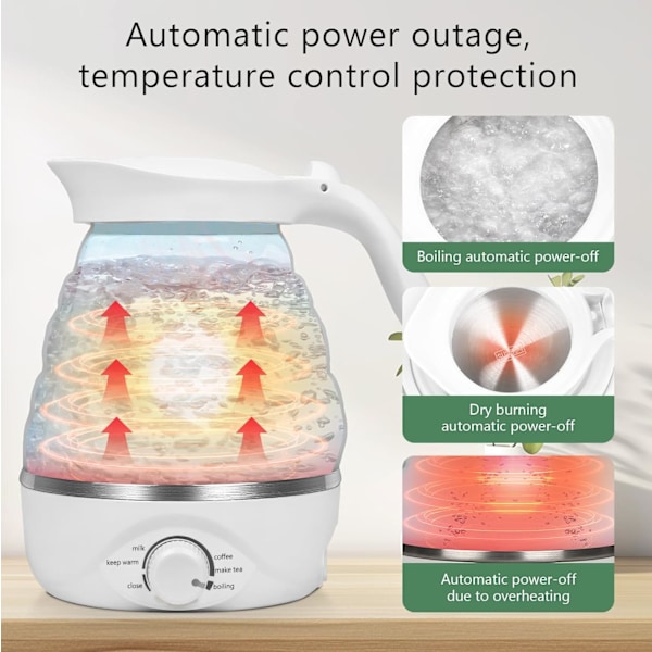 Foldbar Rejse Elkedel - Fødevaregodkendt Silikone, 850W Hurtig Kogning, 700ml (Hvid)