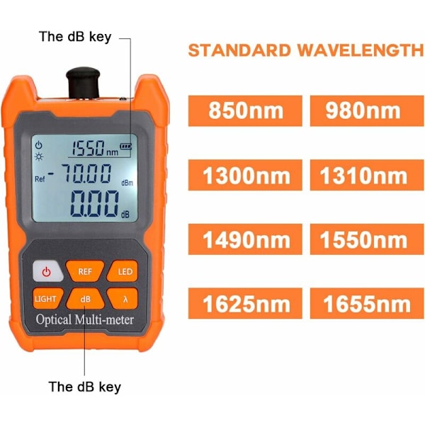 Multimeter optisk effektmåler, Mini bærbar 8 bølgelengde optisk effektmåler med LED-lys nettverkskabeltester FTTH fiberoptisk kabel T