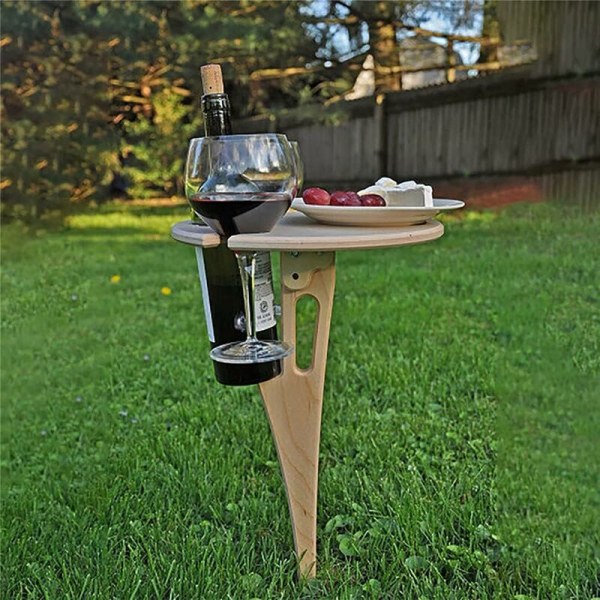 Outdoor Portable Wine Table -Folding Round Table -Wooden Picnic Table -Outdoor Picnic Table -Park Lawn -Wine Glass Holder - Travel 45cm