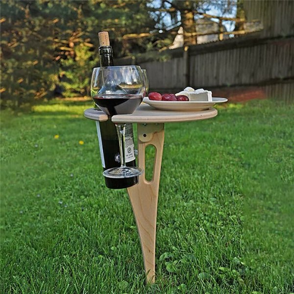 Ulkoilukäyttöön tarkoitettu kannettava viinipöytä - Taitettava pyöreä pöytä - Puinen piknikpöytä - Ulkoilupiknikpöytä - Puisto nurmikko - Viinilasin pidike - Matkustaminen 45cm