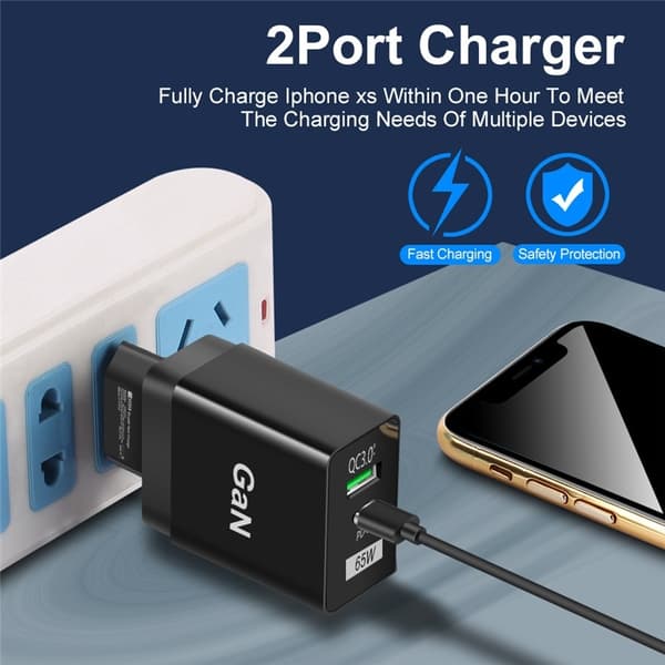65W USB-C GaN Hurtigopladningsadapter til computer og mobil