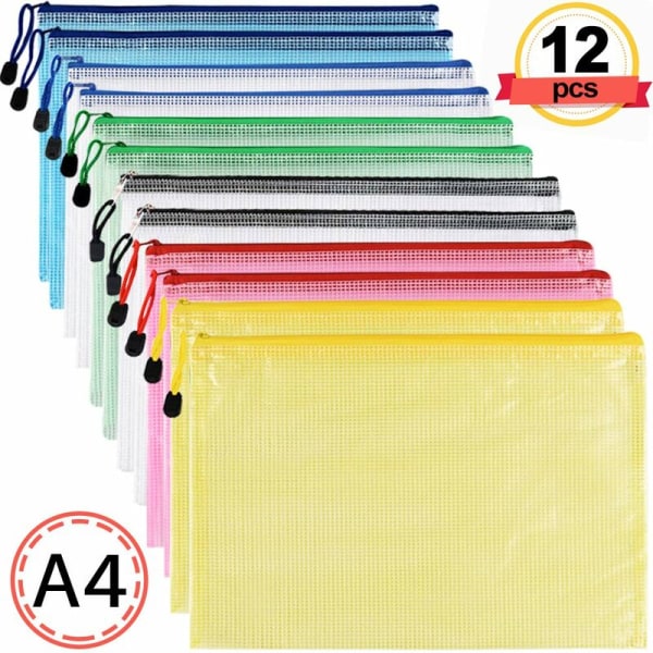 A4 dokumentväska - 12-delad dokumentväska i DIN A4 plast med mesh med dragkedja för kosmetiska kontor Skolresetillbehör （Slumpmässig färg）