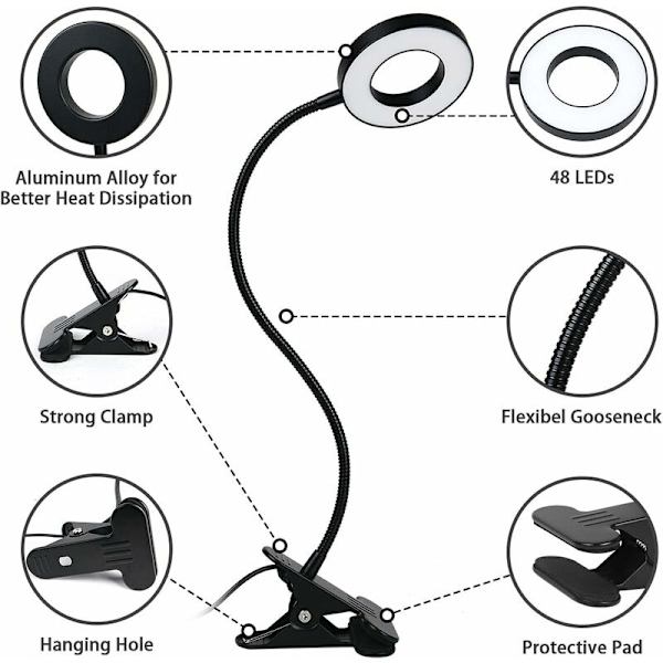 Lukuvalot, pidikevalo 48 LED USB-pöytälamppu, jossa 3 väritilaa 11 kirkkautta, 360° joustava hansiklipsilamppu 8W LED-kiinnitinlamppu, pidike-