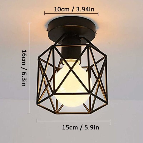 Set of 2 Industrial Metal Square Cage Ceiling Light, 15CM Chandelier Iron Shade Light Fixture E27 40W Black for Living Room Bedroom Bar