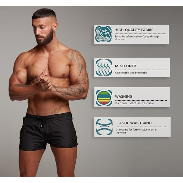 Badbyxor för män, snabbtorkande badkläder med dragkedjefickor, badshorts med meshfoder - Storlek L - Svart