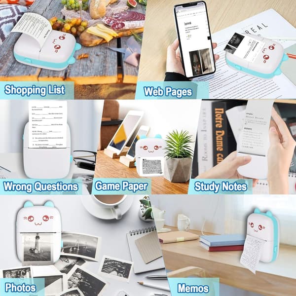 Mini Bluetooth Termisk Printer - Bærbar Trådløs Printer til Android/iOS - Udskriver Etiketter, Kvitteringer & Noter - Inkluderer 6 Ruller Papir - Hjem/Kontor/S