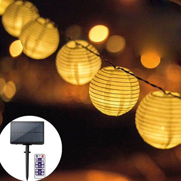 Utomhus LED solcellslingor med fjärrkontroll varmvit juldekoration LED-lykta, 6,5 m 8 lägen kontroll
