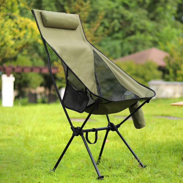Ultralätt hopfällbar campingstol med hög rygg, uppgraderad med avtagbar kudde, sidoficka och case, kompakt och robust för utomhusbruk, kamera