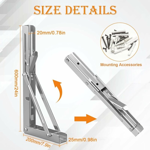 Folding Bracket 600 mm, Folding Shelf Brackets Maximum Load 180kg, Stainless Steel Foldable Console Bracket, Wall Shelf Bracket (2Pcs)