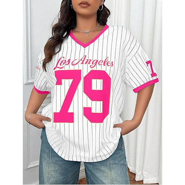 Oversized sweater til damer med V-hals, stribet digital grafisk skjorte, afslappet street style T-shirt toppe - Large - Pink