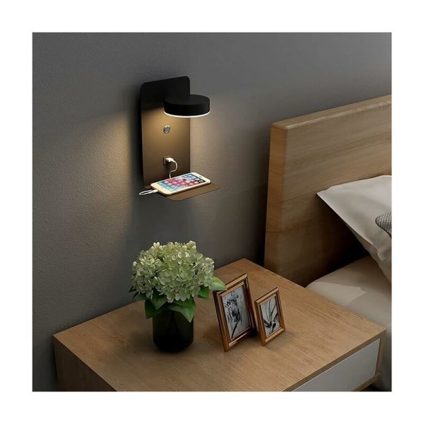 2st LED-vägglampa inomhus med strömbrytare och USB gränssnitt, 12W - Tricolor dimbar sänglampa, 90° justerbar väggläslampa med bricka
