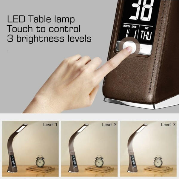 U2 5W LED-bordslampa, dimbar skärm, bordslampa med väckarklocka, kalender, tids- och temperaturdisplay, sänglampa med 3 dimbara briggar