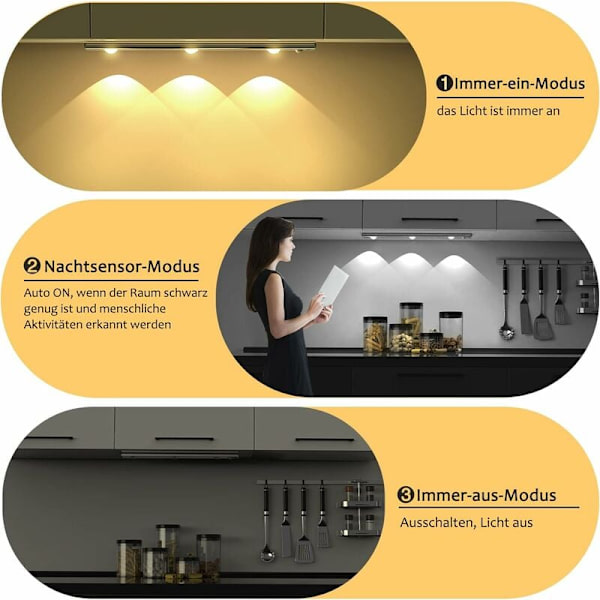 40cm Bevægelsessensor Skab Lampe, Justerbar Genopladelig USB Trådløs LED Skab Lampe 3000K-6000K LED Belysning Studie Køkken Natlys Skab