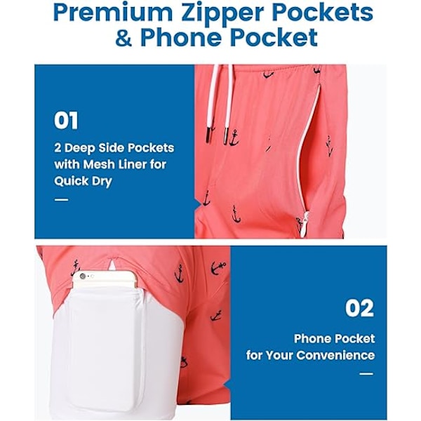 2-i-1 Badbyxor för Män 7 Tums Badshorts Set Boardshorts - Storlek L - Rosa