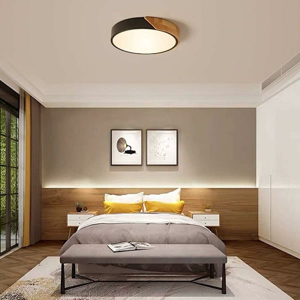 Musta 3000K LED-kattovalaisin Puu 18W Moderni LED-kattovalaisin Kattovalaistus 2400LM Kattolamppu Ø30CM Pyöreä Toimiston Kattovalaisin LED Sisään