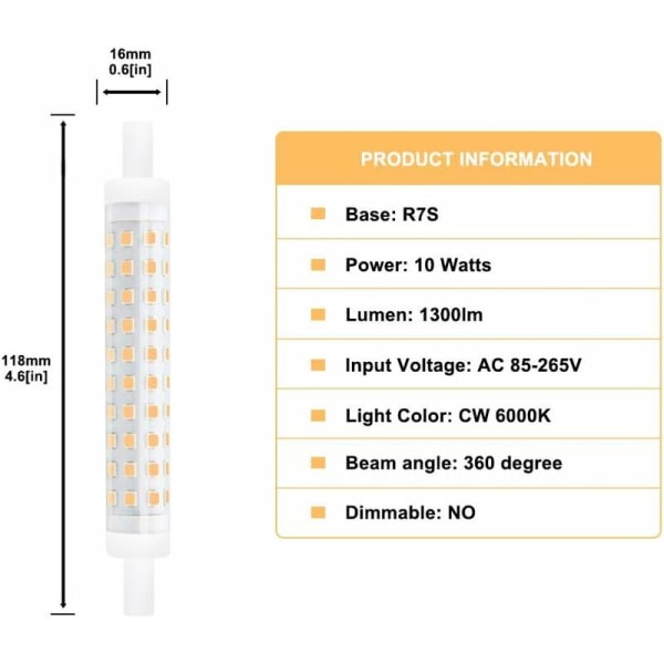 10W 118mm R7S LED Lineær Spotlight Pære Dobbelt Endet 100-130W Halogen Pære Udskiftning Perfekt til Soveværelse, Badeværelse osv. (2stk, Cool White 6000K)