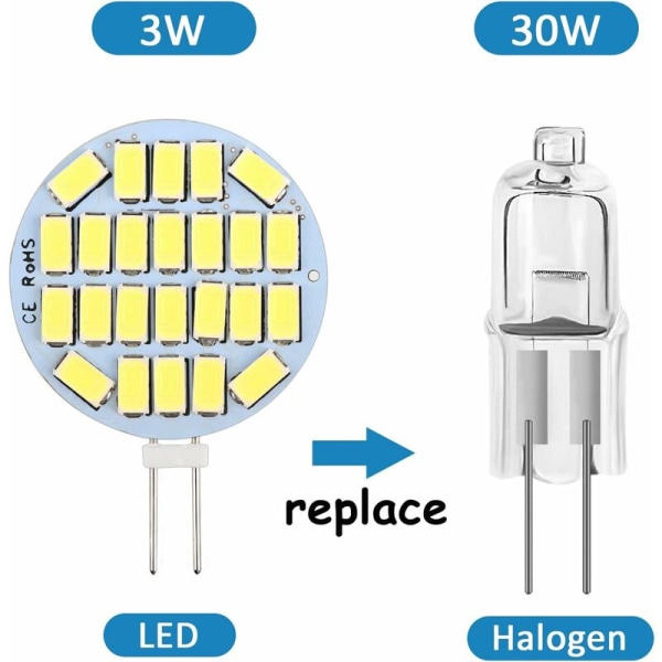 G4 LED-lamppu 3W, AC/DC12-24V, 300LM viileä valkoinen 6000K, 24x5730 SMD, 30w halogeenilamppu vastaa, himmennettävä, G4 pyöreä LED-lamppu kaappiin L