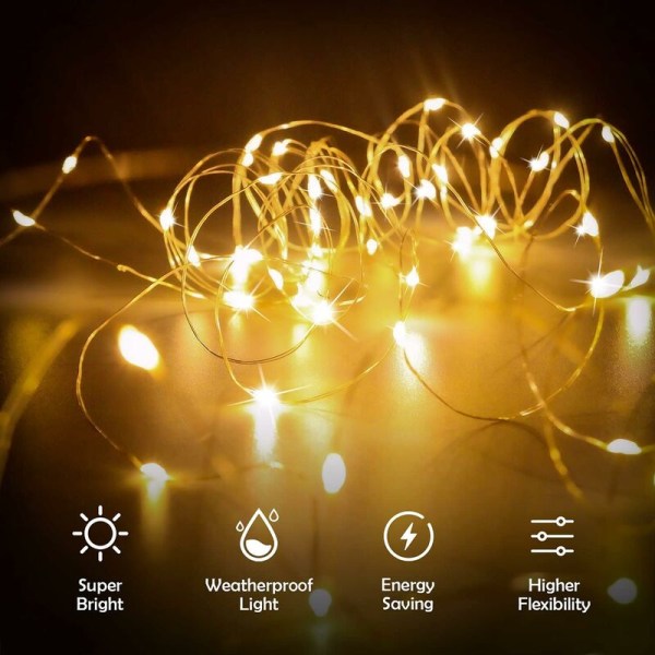 (Warm White) String Lights Battery Pack of 4 Mini LED Christmas Copper Wire Halloween 5m 50 LED Indoor Outdoor Decoration Light Bedroom Wedd