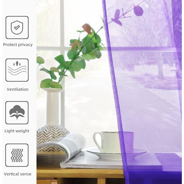 Ensfarvede, transparente gardiner - 140x229 cm stanglomme paneler (sæt med 2) - Hvid/Beige/Sort/Grå/Kaffe/Lilla til soveværelse og køkken