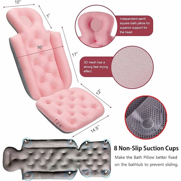 Full Body Bath Pillow med 10 sterke sugekopper, Nivellering og forlengelse badeputer, Ergonomisk badekar Spa badeputer for hele kroppen S