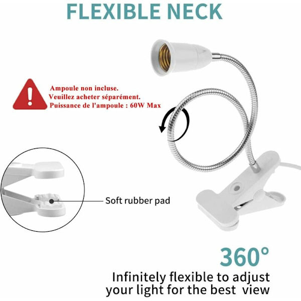2 stk LED-bordlampefot E27 klemmepæreholder svanehalslampeholderfot bordlampe klemmefot med bryter 360° sokkellampe for lesing, Mak
