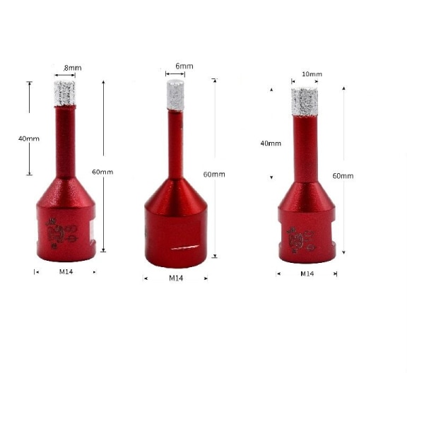 3 stk diamantbor 6mm/8mm/10mm vakuumlødet bor med M14 gjenger for tørrboring av porselensfliser, granitt og marmor