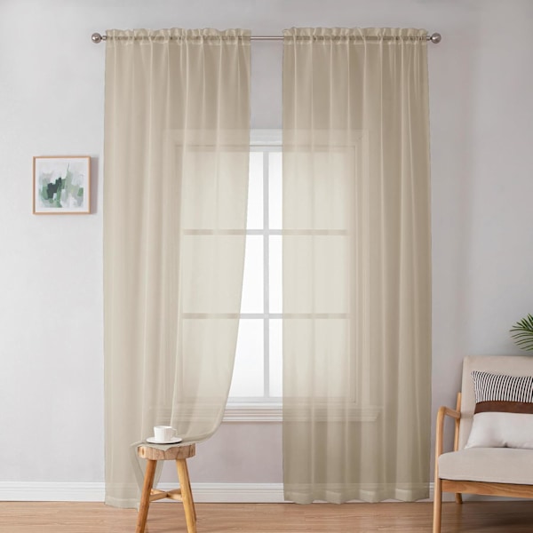 Gennemsigtige Lyse Mokka Gardiner 213 cm Længde - Sæt med 2 (Hver Panel er 134 cm Bred) - Gennemsigtige Gardiner med Stanglommer til Stue og Soveværelse