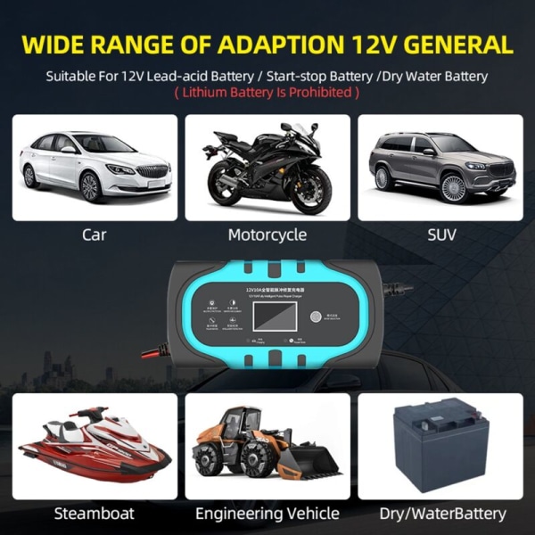 10A 12V Billader for Bilbatteri Automatisk Smart Batterilader med LCD-berøringsskjerm Display Reparasjonsladere, EU-plugg