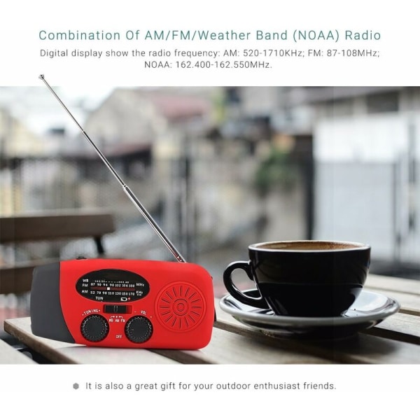 Bärbar solradio, handvevad självdriven AM/FM/NOAA-radio, Dynamo väderradio nödanordning med 3-LED ficklampa och telefonladdning