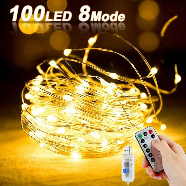 Koppartråds LED-ljusslinga 100 LED-lampor med 10M USB-anslutning med fjärrkontroll 8 LED-ljusprogram för fest, jul, H