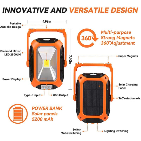 2500LM LED-arbetslampa solstrålkastare hopfällbar magnetisk bas och vattentät 360° roterande fäste för belysning av byggarbetsplatsen