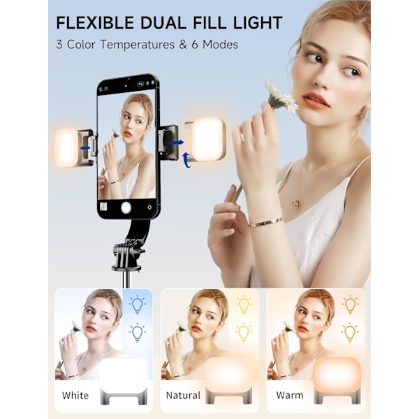 45\" Selfie Stick Tripod med 2 Lys, Udtrækkelig 5 i 1 Selfie Stick Telefon Tripod, Bærbare Selfie Sticks med Trådløs Fjernbetjening Kompatibel med iPhon