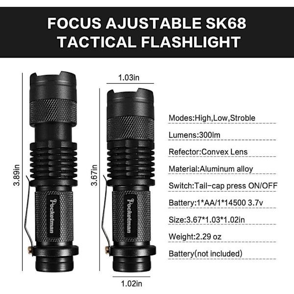 Blåljus LED-ficklampa, Superstark, Justerbart fokus, 4 ljuslägen, Lång batteritid, Vattentät, Kompakt fickformat för strömavbrott, Nödsituationer