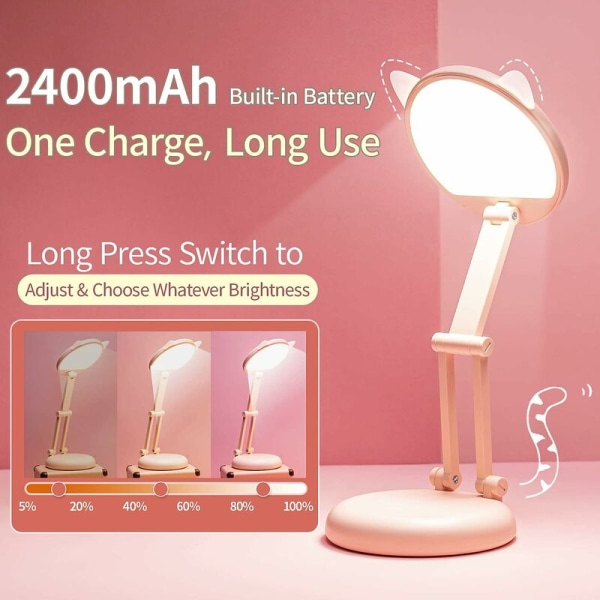 LED-skrivebordslampe, søt skrivebordslampe, rosa skrivebordslampe, 8 lysstyrker, sammenleggbar, liten skrivebordslampe, bærbar, dimbar skrivebordslampe for barn, USB-lading, Kawaii-katt