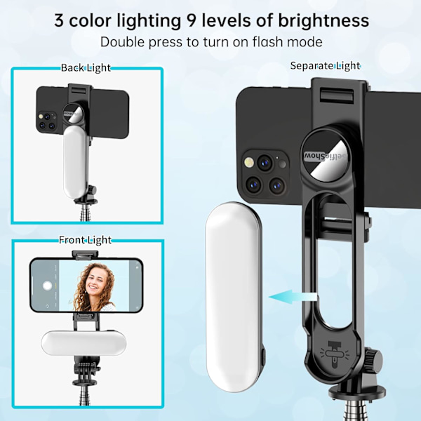 Stabil Selfie Stick Tripod med Fyldlys, 44 Tommer Udtrækkelig Selfie Stick med Trådløs Fjernbetjening og Tripod Stand 360 Graders Rotation til iPhone 15/14/13/12