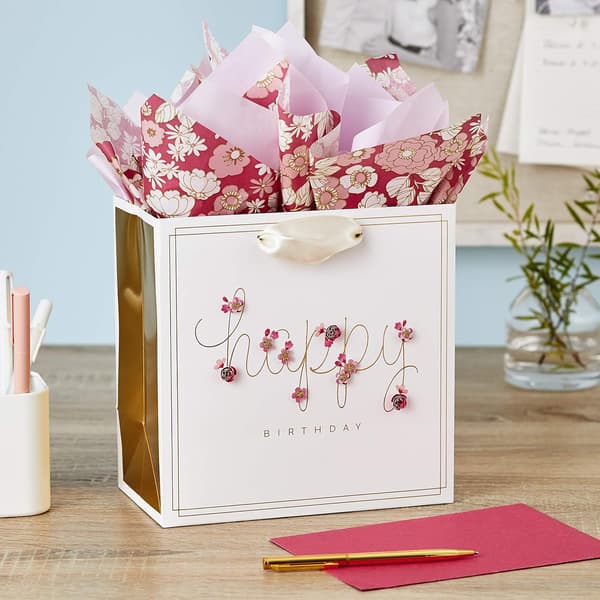Middels Bursdagsgavepose med Silkepapir (Rosa Blomster)
