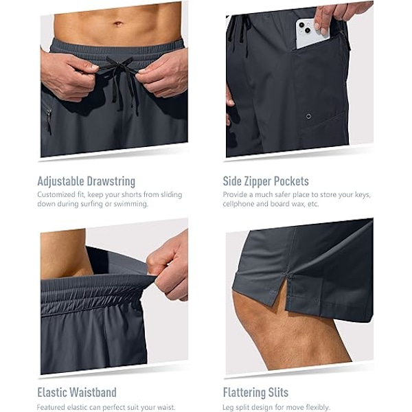 Herre Badeshorts Hurtigtørrende Strandshorts med Lynlåslomme Herre Badetøj - Uden Mesh Foring - XL - Mørkegrå