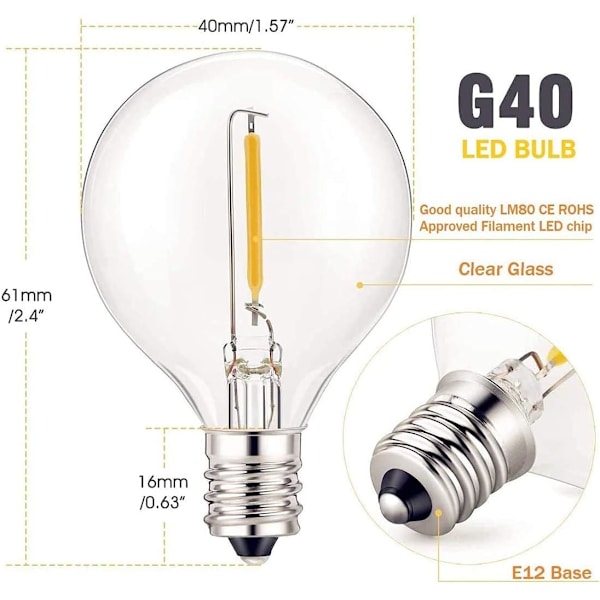 E12 LED-lampor G40 LED-lampor Utomhus 0,6W (Motsvarande 7W), Dimbar LED-globlampa, Varmvit 2700K, Energibesparande lampor för utomhusbelysning