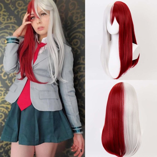 Halvt Hvit Halvt Rød Lang Rett Anime Cosplay Parykk Kvinner Rød og Hvit Syntetisk Halloween Parykk