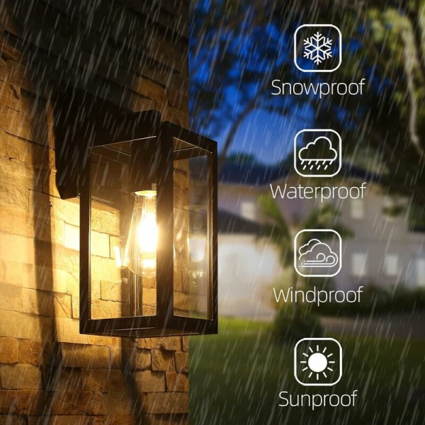 Ulkoseinävalaisin, ulkoseinävalaisin kirkkaalla lasivarjostimella, 1 pakkaus ulkoseinävalaisin E27 IP44 vedenpitävä mattamusta
