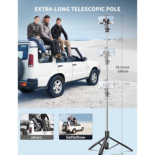 71\" Telefonstativ & Selfie Stick, Allt-i-ett Utdragbart Mobiltelefonstativ med Trådlös Fjärrkontroll, Stativ för iPhone & Rese-Selfie Stick 360° Ro