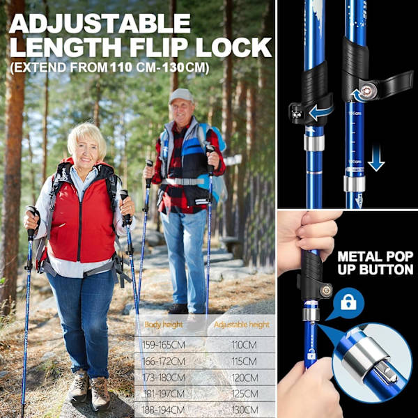 7075 Aluminium Vandrestave - Hurtig Lås Teleskopisk Design - Ultralet & Foldbar til Vandring/Camping - Holdbare All-Terrain Stave (Blå)